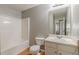 Bathroom featuring a combination tub and shower, toilet, and vanity at 150 Alton Cir, Villa Rica, GA 30180