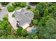 An aerial view of a luxurious home with a pool and landscaped yard, surrounded by lush trees and privacy at 1200 Bay Pointe Terr Ter, Alpharetta, GA 30005