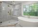 Luxurious bathroom showcasing a glass shower, soaking tub, and designer window at 1200 Bay Pointe Terr Ter, Alpharetta, GA 30005