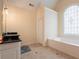 Bathroom with a soaking tub under a large window and a granite countertop with white cabinetry at 1000 Admiral Xing, Alpharetta, GA 30005