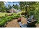 Backyard with gravel firepit seating area, string lights, and view of the main house provides a cozy and inviting outdoor space at 11355 Bowen Rd, Roswell, GA 30075