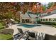 Backyard pool with lounge seating and an adjacent covered outdoor dining area with lush landscaping at 11355 Bowen Rd, Roswell, GA 30075