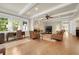 Open floor plan with hardwood floors features a fireplace, exposed beams, and large windows at 1356 Emory Ne Rd, Atlanta, GA 30306