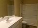 Bathroom with a single sink vanity, a modern faucet, and a shower and tub combination at 2197 Boxwood Cir, Conyers, GA 30094