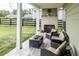 Charming covered patio with a brick fireplace and cozy furniture arrangement at 98 Heritage Pointe Dr, Villa Rica, GA 30180