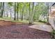 Backyard patio with mature trees and partial stone wall at 2055 Timberland Dr, Cumming, GA 30040