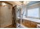 Elegant bathroom with a soaking tub, etched glass shower, and stylish mirrored cabinet at 5318 Brooke Farm Dr, Dunwoody, GA 30338