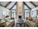 Cozy living room featuring vaulted ceilings, statement fireplace, and large windows with views to the backyard at 5318 Brooke Farm Dr, Dunwoody, GA 30338