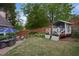 Well-maintained backyard boasts an outdoor seating area, fire pit, playhouse and mature trees at 1199 Kenway Se Cir, Smyrna, GA 30082
