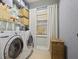 Well-organized laundry room with front load washer/dryer and shelving with storage baskets at 1199 Kenway Se Cir, Smyrna, GA 30082