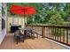 Wooden patio featuring a table and bench, a grill, and a large red umbrella for outdoor dining and entertaining at 600 Luckett Ct, Smyrna, GA 30080