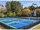 Multiple pickleball courts with blue and green surfaces surrounded by lush trees at 48 Lakeview Pt, Dallas, GA 30157