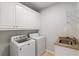 Well-lit laundry room with modern washer and dryer, granite countertop, and storage cabinets at 130 Robin Rd, Marietta, GA 30067