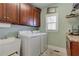 Well-equipped laundry room with washer, dryer, sink, and custom cabinets at 103 Old Avery Dr, Canton, GA 30115