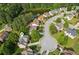 Aerial view of the property showcasing its location in a neighborhood with pond and lush greenery at 1316 Wind Chime Ct, Lawrenceville, GA 30045