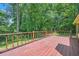 A wooden deck overlooking a lush backyard with mature trees at 3592 Midvale Cv, Tucker, GA 30084