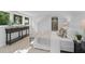 This bedroom offers large windows, neutral colored walls, and a walk-in bathroom shower at 5143 Meadowlake Ln, Dunwoody, GA 30338