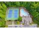 Overhead view of tennis courts and a pool with lounge seating in a scenic community setting at 2365 Valley Mill Dr, Buford, GA 30519