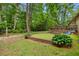Lush backyard features manicured lawn and wooden retaining wall with mature greenery at 1920 Jett Ridge Rd, Cumming, GA 30041