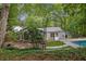 View of the backyard with a swimming pool, patio, and mature landscaping at 2858 Mornington Nw Dr, Atlanta, GA 30327