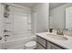Small bathroom featuring a single vanity, a toilet, and a shower/tub combo at 297 Delta Dr, Mcdonough, GA 30252