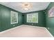 Bedroom with two windows offering natural light, neutral carpet flooring, and green walls at 11569 Finley St, Suwanee, GA 30024