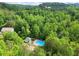 An aerial view of a property surrounded by lush greenery, featuring a sparkling blue pool and cabana at 275 Creek View Place, Canton, GA 30114