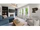 Inviting living room featuring a fireplace, built-in shelving, and large windows with backyard views at 275 Creek View Place, Canton, GA 30114