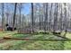 View of the backyard featuring a wooden border, shed, and a line of tall trees at 3075 Superior Dr, Dacula, GA 30019