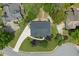An aerial view of a house with a landscaped yard and driveway, surrounded by trees in a neighborhood at 1820 Hunters Moon Dr, Alpharetta, GA 30005