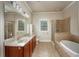 Spacious bathroom featuring double sinks, soaking tub, and a separate glass shower at 2300 Peachford Rd # 3411, Dunwoody, GA 30338