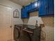 Laundry room with blue cabinets, herringbone backsplash, and modern washer and dryer at 7113 Silver Mine Xing, Austell, GA 30168