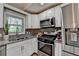 Close-up of kitchen featuring stainless steel appliances and white cabinets with a sink view at 1358 Millstream Trl, Lawrenceville, GA 30044