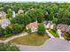 Wide aerial view of a house on a cul-de-sac surrounded by trees and green lawns in a residential neighborhood at 600 Oakmont Hl, Duluth, GA 30097