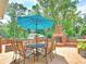 Backyard patio with stone pavers, brick outdoor fireplace and a dining set with a blue umbrella at 192 Chicopee Dr, Marietta, GA 30060