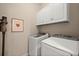 Efficient laundry room featuring a modern washer and dryer set and white cabinets for organized storage at 2303 Waters Edge Trl, Roswell, GA 30075