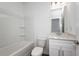 Modern bathroom with white vanity, elongated toilet, and shower-tub combination at 101 Pearl St, Woodstock, GA 30188
