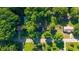 Aerial view of the property showing a swimming pool, surrounding trees, neighborhood, and street layout at 54 Mildred Ct, Dallas, GA 30157