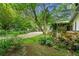 Landscaped backyard, with gravel parking, a patio, and a grassy lawn at 2655 Appian Way, Decatur, GA 30030
