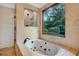 Bright bathroom featuring a deep soaking tub with jets and a large window view at 2715 Woods Ridge Dr, Alpharetta, GA 30022