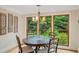 Dining room with a wooden table and chairs beneath a chandelier and view of a luscious backyard at 2715 Woods Ridge Dr, Alpharetta, GA 30022