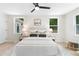 This bedroom features neutral walls, bright windows, ceiling fan, and a comfy bed at 1980 Oakdale Se Ct, Smyrna, GA 30082
