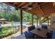 Covered patio with ceiling fans, overlooking pool and landscaped yard at 3865 Pointer Rd, Loganville, GA 30052