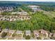Panoramic aerial showcases homes, mature trees, schools, sports fields, and landscape in a vibrant neighborhood at 4815 Westgate Drive, Cumming, GA 30040