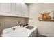 Laundry room features modern washer and dryer with white cabinets and fun artwork at 504 River Run Dr, Atlanta, GA 30350