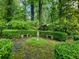 Secluded backyard garden featuring a statue, stone benches, and lush greenery creating a tranquil outdoor oasis at 2910 Waverly Place Dr, Dacula, GA 30019
