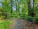 Secluded backyard brick path surrounded by lush greenery and mature trees creating a serene garden setting at 2910 Waverly Place Dr, Dacula, GA 30019