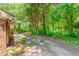 Backyard featuring tall mature trees and a stone walkway to a patio at 1296 Carman Se Ct, Conyers, GA 30013