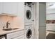 Modern all-white kitchen featuring a stackable washer-dryer, mosaic backsplash, and stainless steel sink at 145 15Th Ne St # 1225, Atlanta, GA 30309