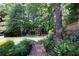Lush backyard with mature trees and a charming playset, perfect for outdoor fun at 1890 Silvastone Dr, Decatur, GA 30033